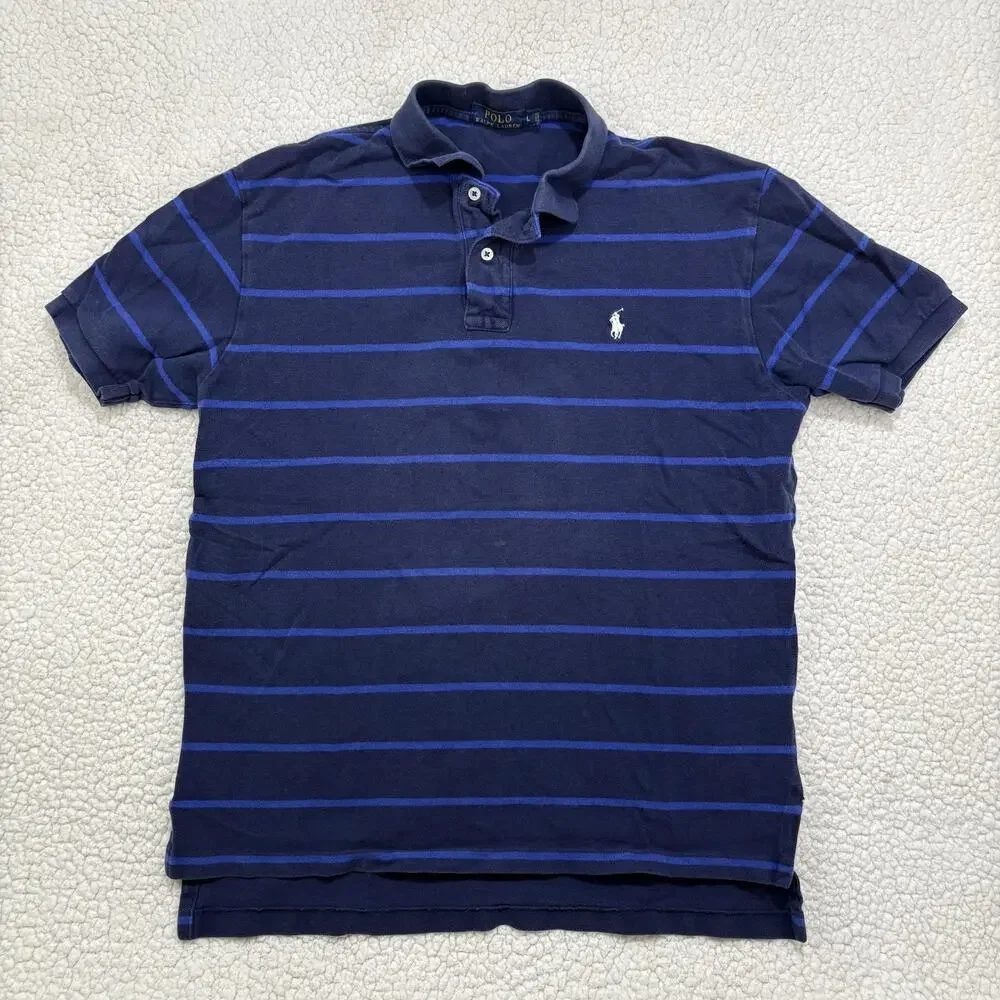 Polo Ralph Lauren Navy Blue Striped Cotton Polo‎ Shirt Mens Size L White Pony